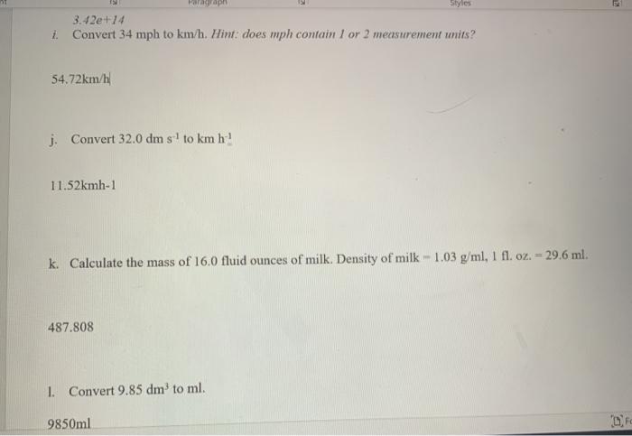 Solved Paragraph Styles 7. Convert 34 mph to km h. Hint Chegg