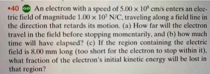 Solved -40 60 An electron with a speed of 5.00×108 cm/s | Chegg.com