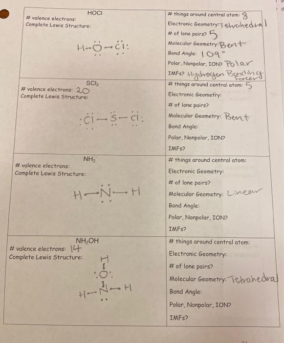 Solved d HOCI #valence electrons: Complete Lewis Structure: | Chegg.com