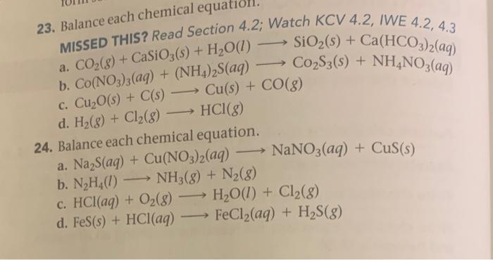 Solved 23. Balance each chemical equation. MISSED THIS? Read | Chegg.com