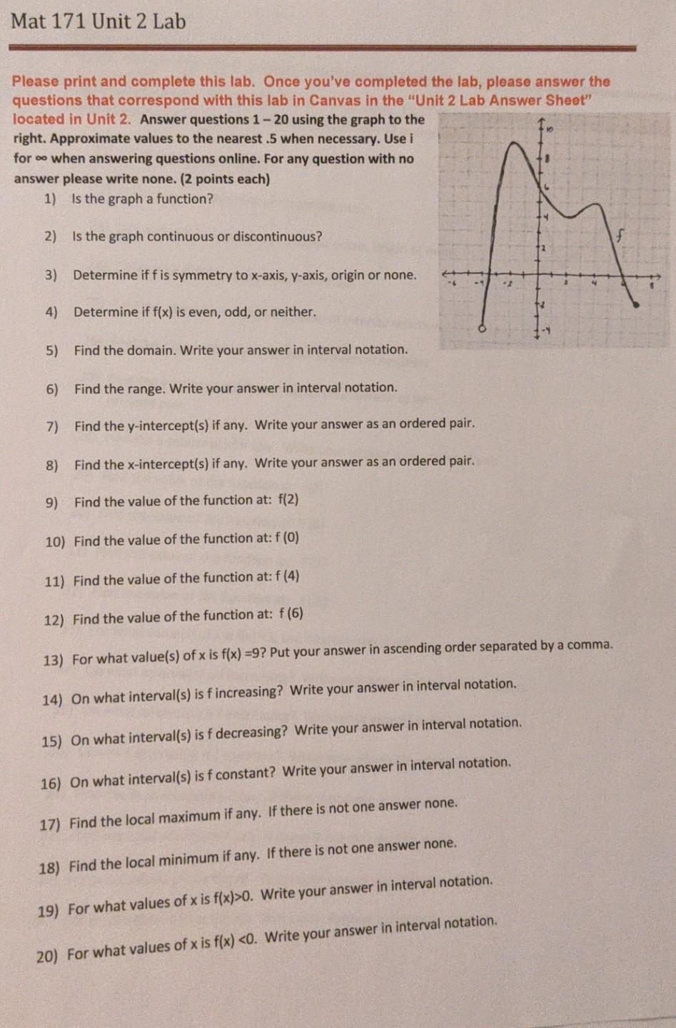 Solved Mat 171 Unit 2 Lab Please print and complete this | Chegg.com