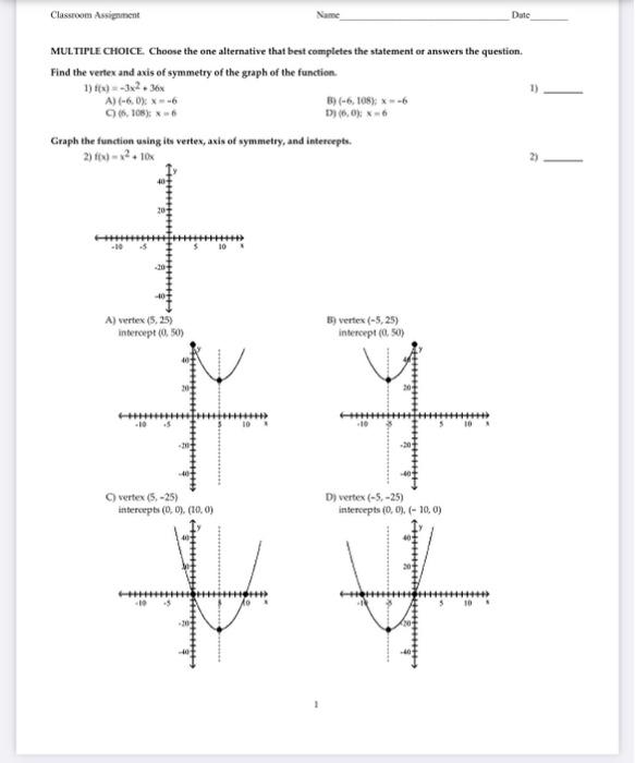 Solved Classroom Assignment Name Date MULTIPLE CHOICE. | Chegg.com