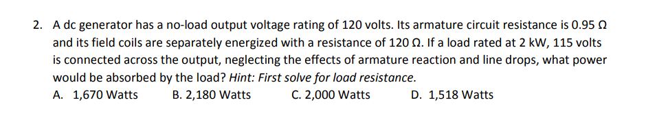 Solved 2. A dc generator has a no-load output voltage rating | Chegg.com