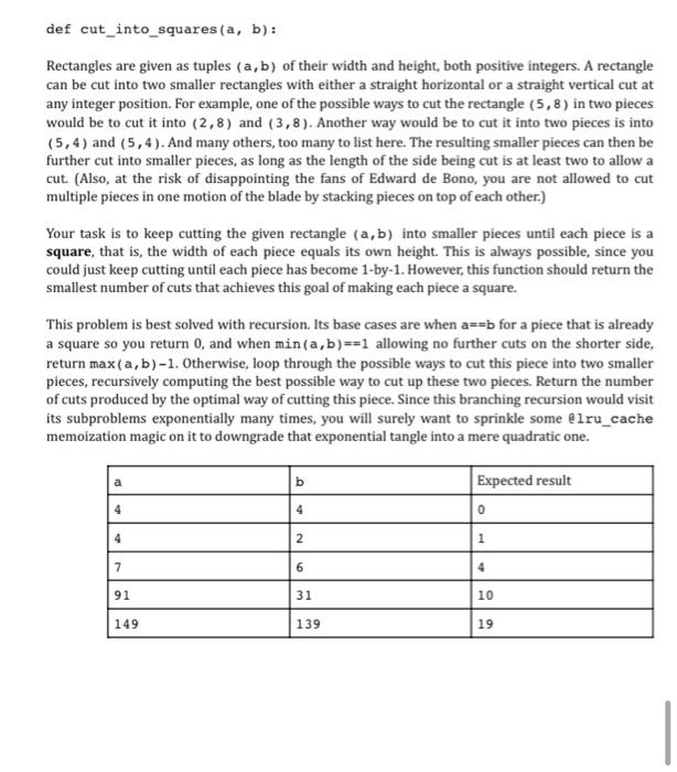 Solved Def Cut_into_squares (a, B): Rectangles Are Given As | Chegg.com