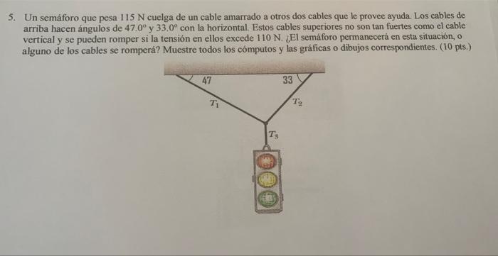 5. Un semáforo que pesa \( 115 \mathrm{~N} \) cuelga de un cable amarrado a otros dos cables que le provee ayuda Los cables d