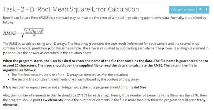 Solved Task-2-D: Root Mean Square Error Calculation Collapse | Chegg.com
