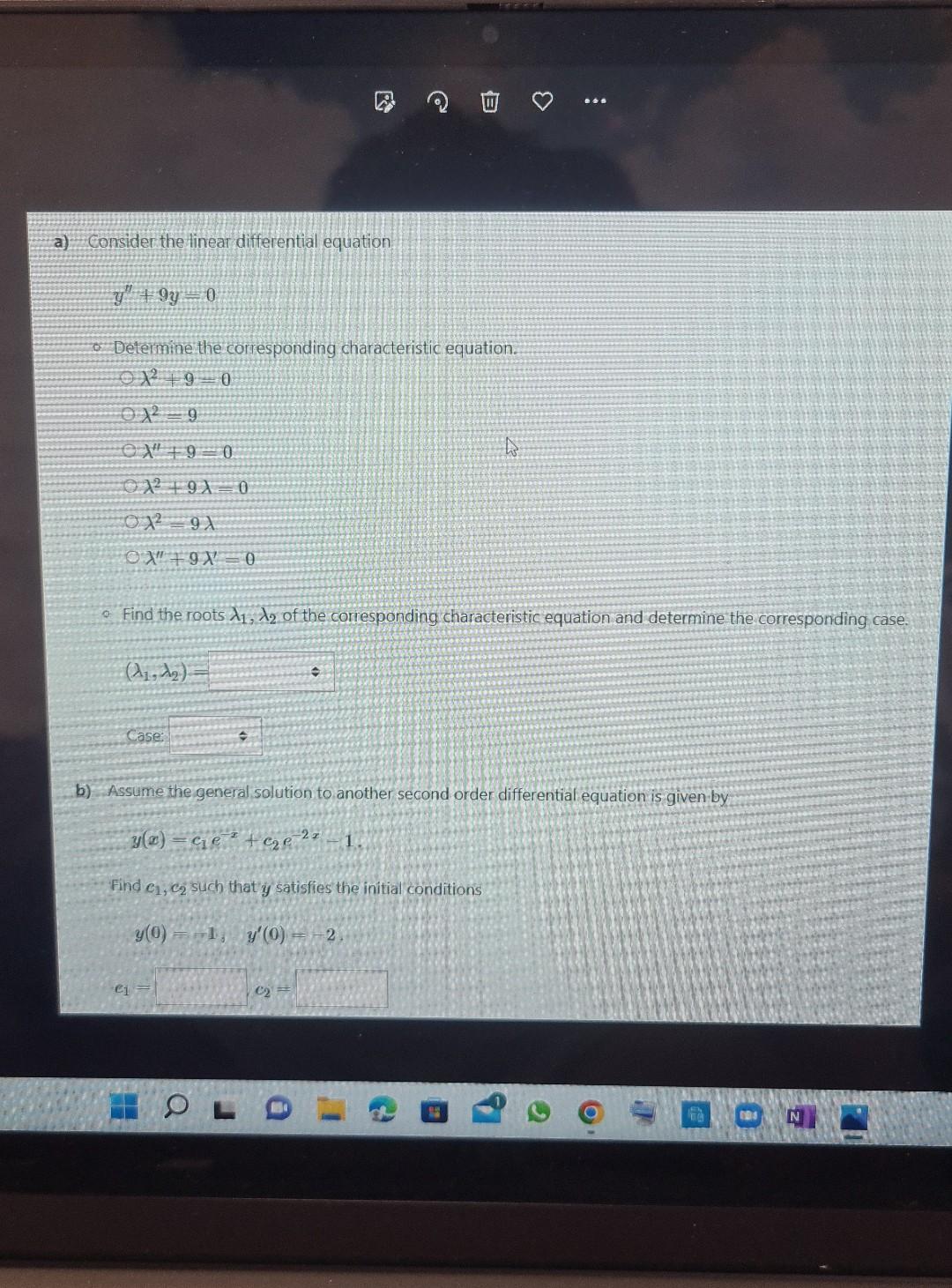 Solved a) Considen the linear differential equation y′′+9y=0 | Chegg.com