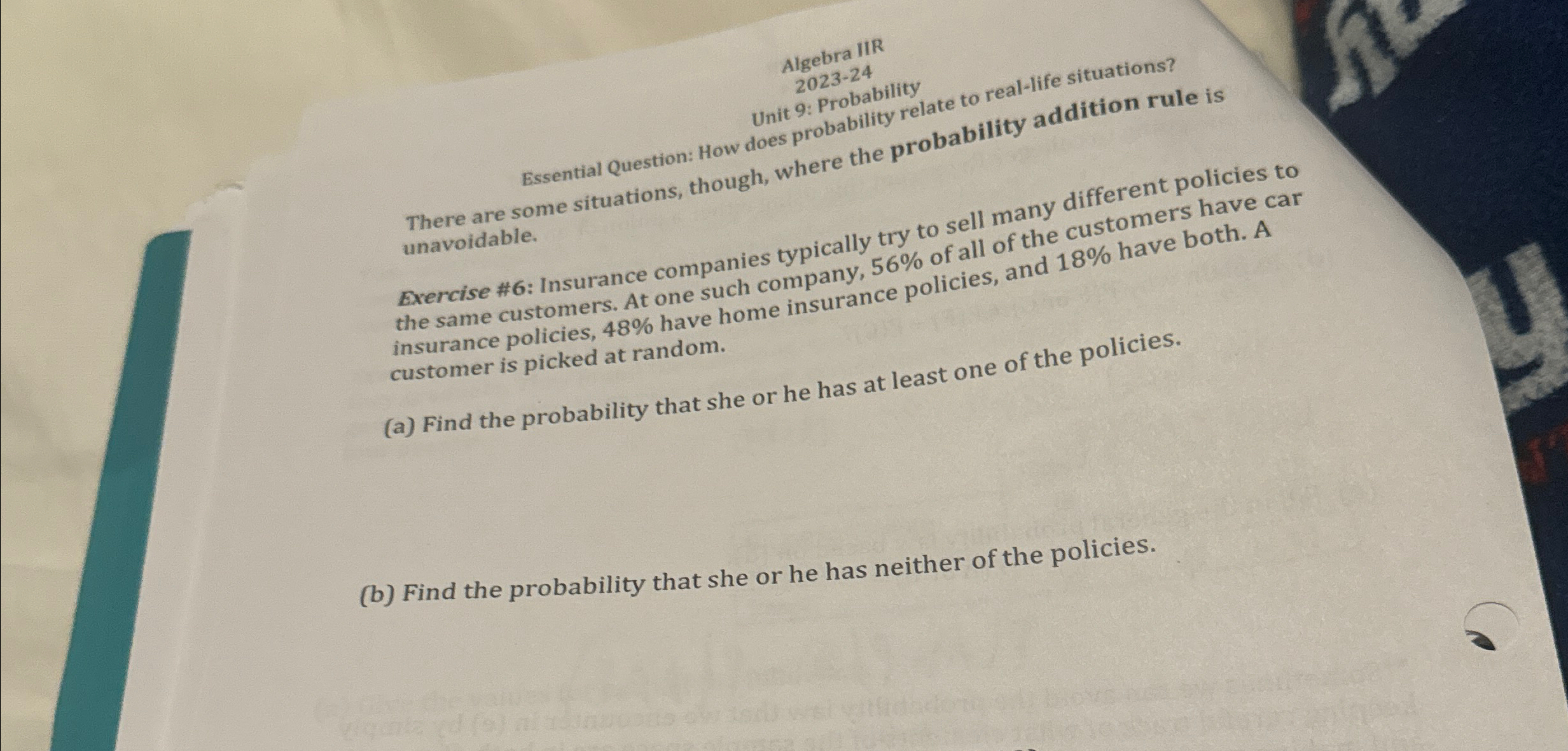 Solved Algebra IIRAlgebratidUnit 9: Probabilitydoes | Chegg.com