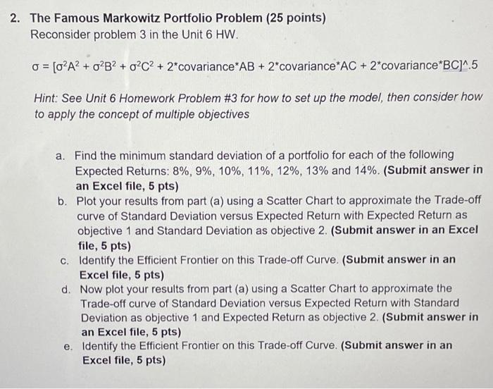 2. The Famous Markowitz Portfolio Problem (25 Points) | Chegg.com