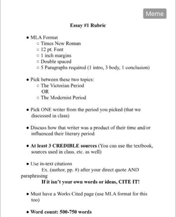 Meme Essay 1 Rubric Mla Format Times New Roman C Chegg Com