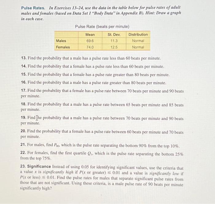 Pulse Rates. In Exercises 13-24, use the data in the | Chegg.com