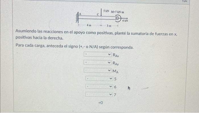 Asumiendo las reacciones en el apoyo como positivas, planté la sumatoria de fuerzas en \( \mathrm{x} \), positivas hacia la d