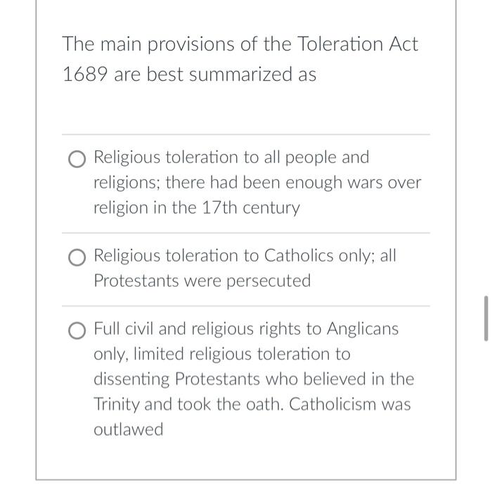 english toleration act of 1689 granted religious tolerance to which people