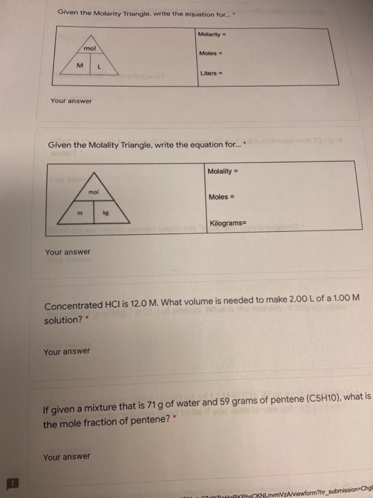 Solved Given the Molarity Triangle, write the equation | Chegg.com