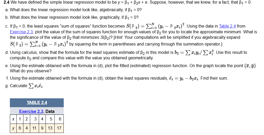 Solved 2.4 ﻿We have defined the simple linear regression | Chegg.com