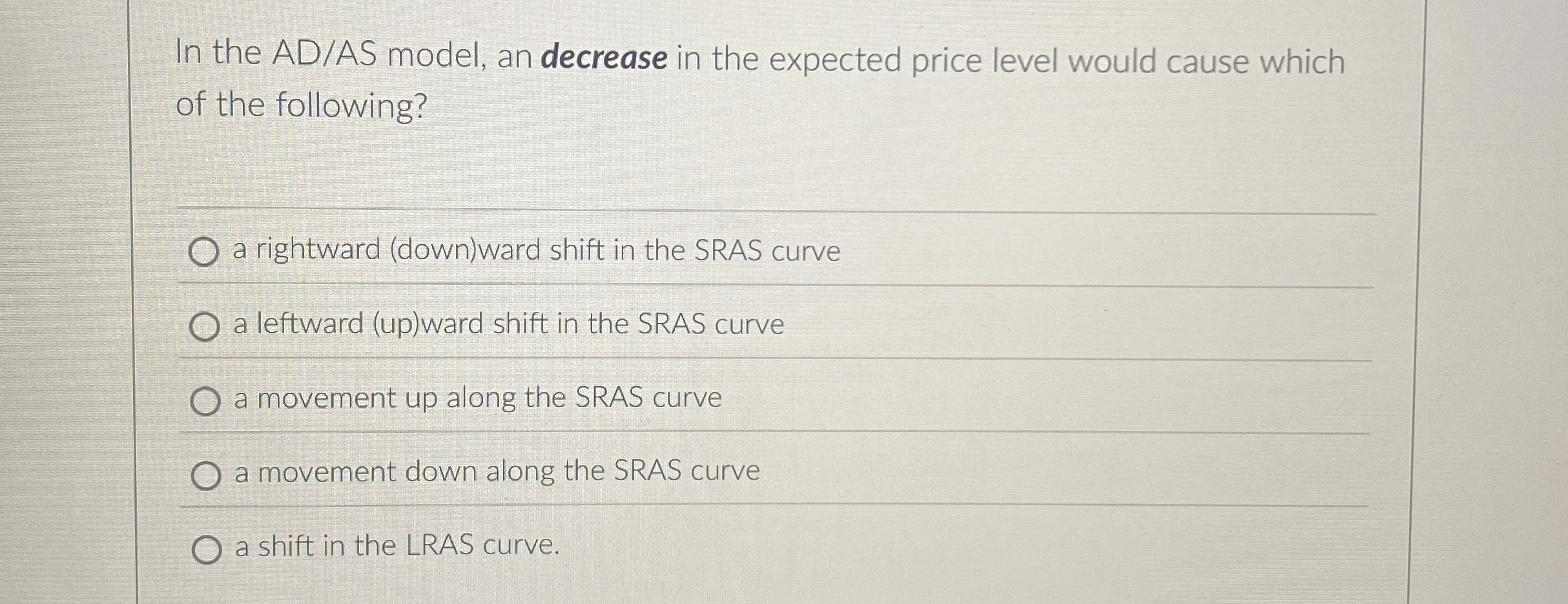 Solved In the AD/AS model, an decrease in the expected price | Chegg.com