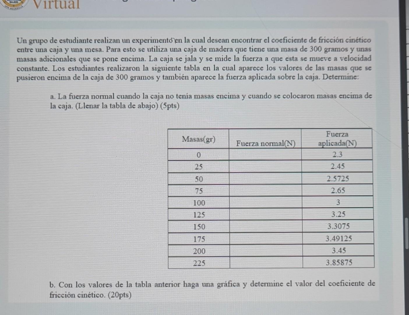 Un grupo de estudiante realizan un experimentóien la cual desean encontrar el coeficiente de fricción cinético entre una caja