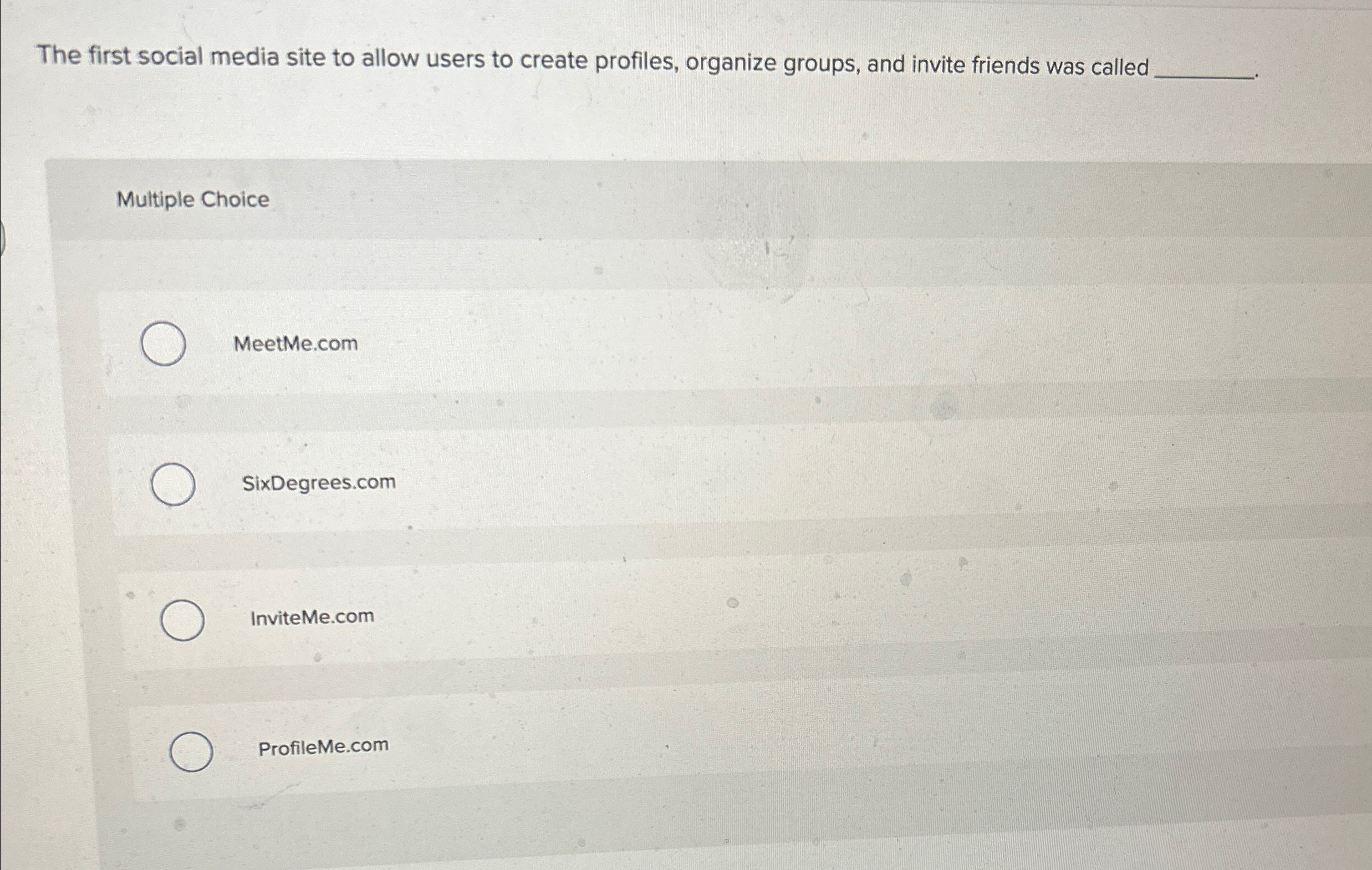 Solved The first social media site to allow users to create | Chegg.com