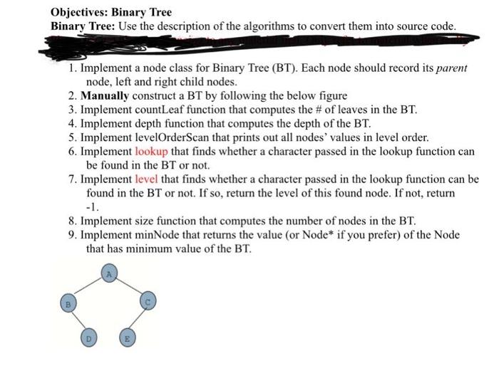 Solved Objectives: Binary Tree Binary Tree: Use the | Chegg.com