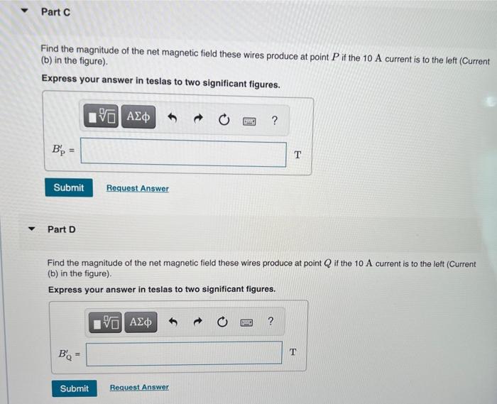 Find the magnitude of the net magnetic field these wires produce at point \( P \) if the \( 10 \mathrm{~A} \) current is to t