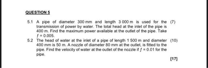 Solved QUESTION 5 5.1 A pipe of diameter 300 mm and length 3 | Chegg.com