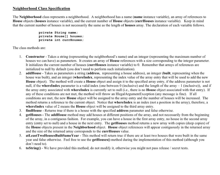 Solved Neighborhood Class Specification The Neighborhood | Chegg.com