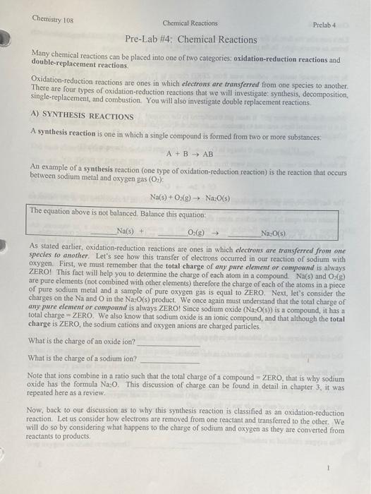 Solved Prelab 4 Chemistry 108 Chemical Reactions PreLab 4