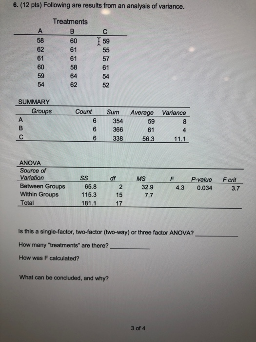 Solved 6. (12 pts) Following are results from an analysis of | Chegg.com