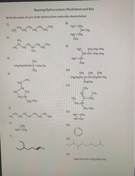 Solved Naming Hydrocarbons Worksheet And Key Write The Name Chegg