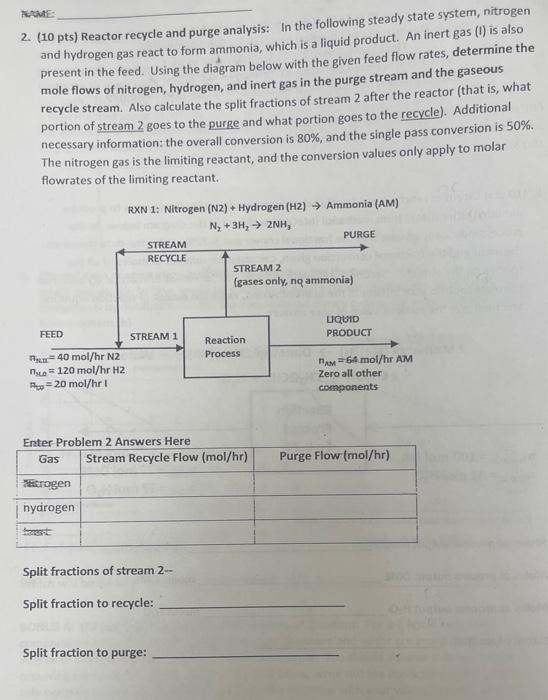 2. (10 Pts) Reactor Recycle And Purge Analysis: In | Chegg.com