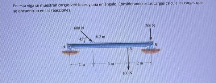 En esta viga se muestran cargas verticales y una en ángulo. Considerando estas cargas calcule las cargas que se encuentran en