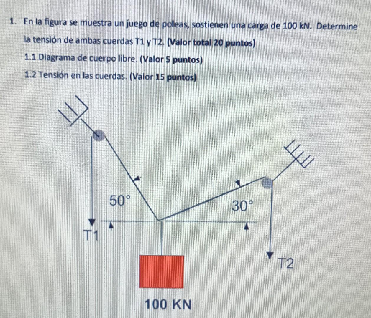 1. En la figura se muestra un juego de poleas, sostienen una carga de \( 100 \mathrm{kN} \). Determine la tensión de ambas cu