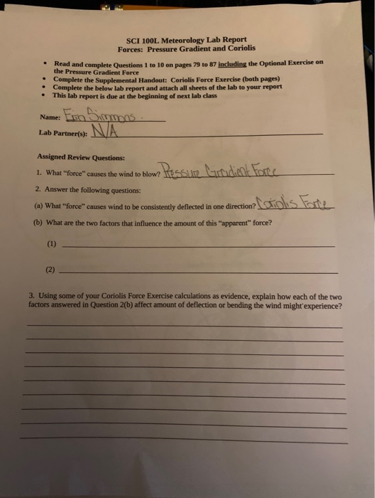 Solved . SCI 100L Meteorology Lab Report Forces Pressure