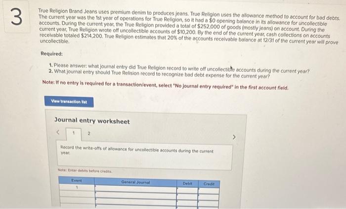 True Religion Brand Jeans uses premlum denim to produces jeans. True Religion uses the allowance method to account for bad de