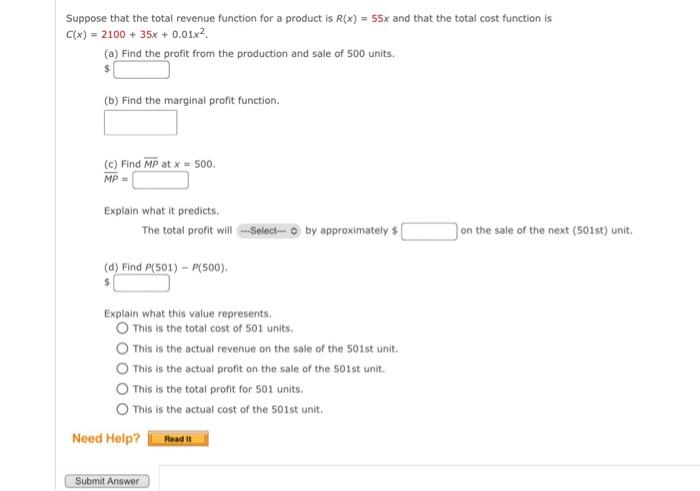 Solved Suppose that the total revenue function for a product | Chegg.com