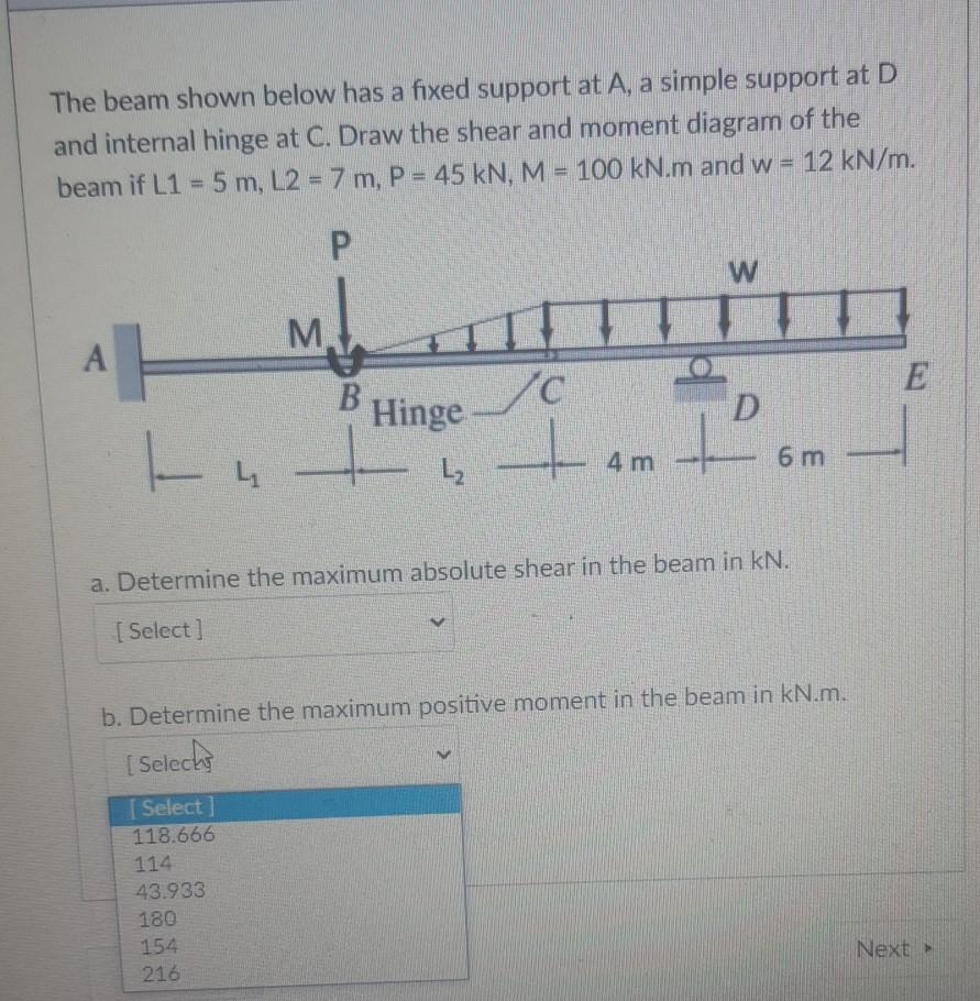 Solved The beam shown below has a fixed support at A, a | Chegg.com