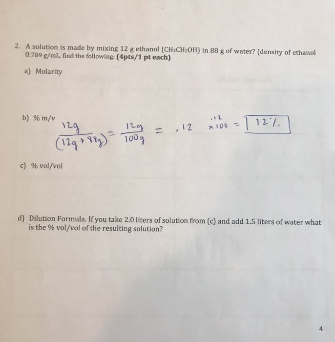 Solved 2 A Solution Is Made By Mixing 12 G Ethanol Ch3c Chegg Com