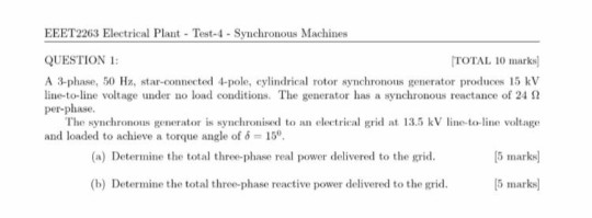 Solved EEET2263 Electrical Plant - Test-4 - Synchronous | Chegg.com
