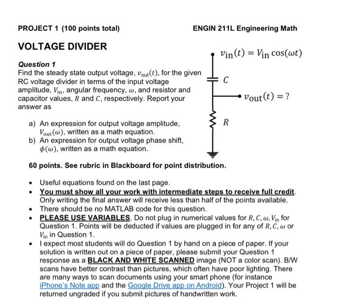 Solved PROJECT 1 (100 points total) ENGIN 211L Engineering | Chegg.com