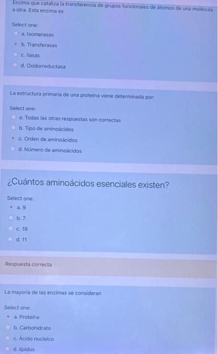 Enzima que cataliza la transforencia do grupos funcionales de átomos de una molécula a otra, Esta enzima es Select one: a. I