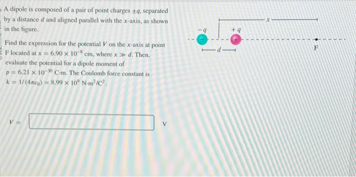 A dipole is composed of a pair of point charges \( \pm q \), separated by a distance \( d \) and aligned parallel with the \(
