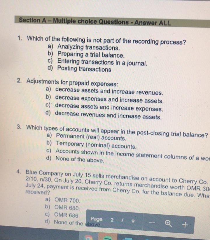Solved Section A - Multiple choice Questions - Answer ALL 1. | Chegg.com