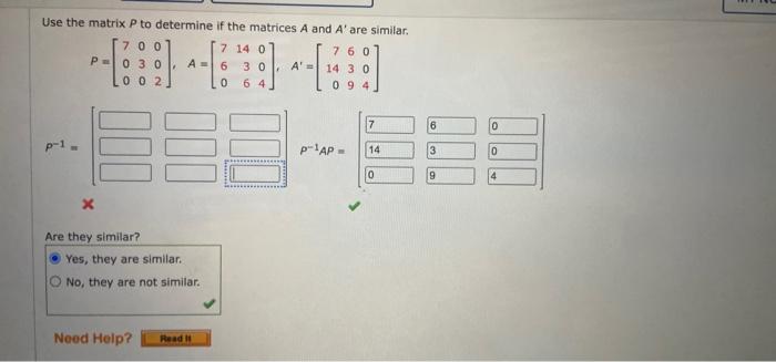 Solved Use the matrix P to determine if the matrices A and | Chegg.com