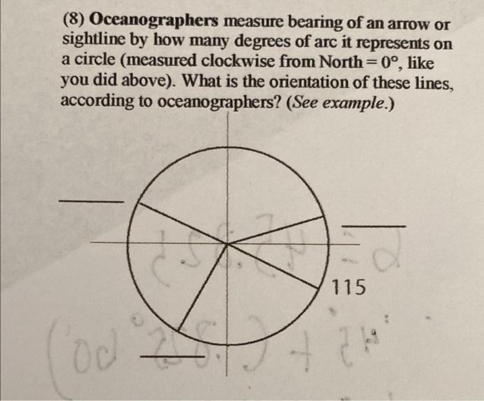 (8) Oceanographers measure bearing of an arrow or
sightline by how many degrees of arc it represents on
a circle (measured cl