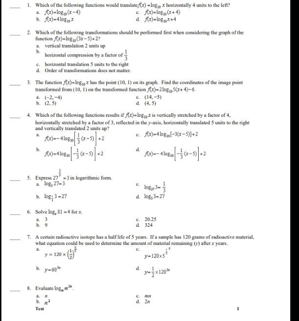 Solved b 1. Which of the following functions would translate | Chegg.com