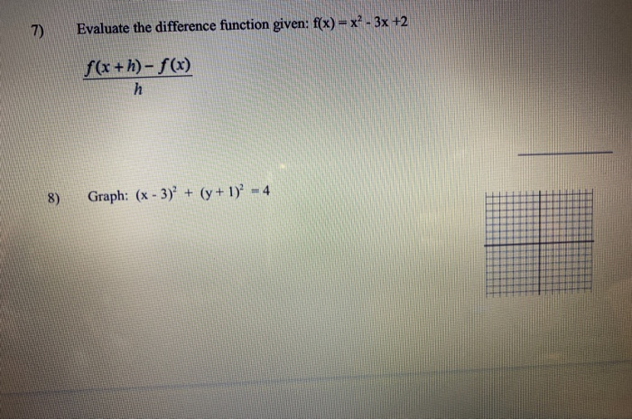 Solved 7) Evaluate the difference function given: f(x) = x2 | Chegg.com