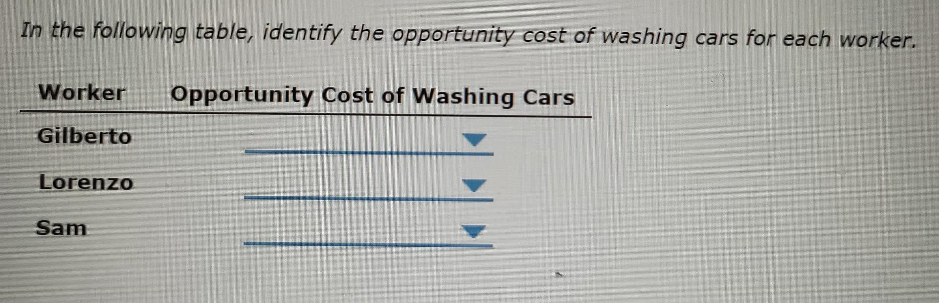 In the following table, identify the opportunity cost