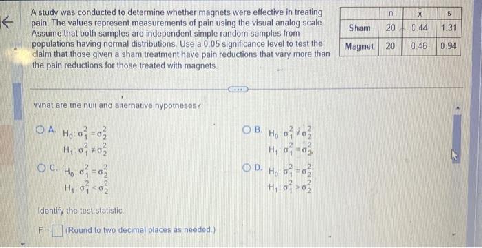 Solved A study was conducled to determine whether magnets | Chegg.com