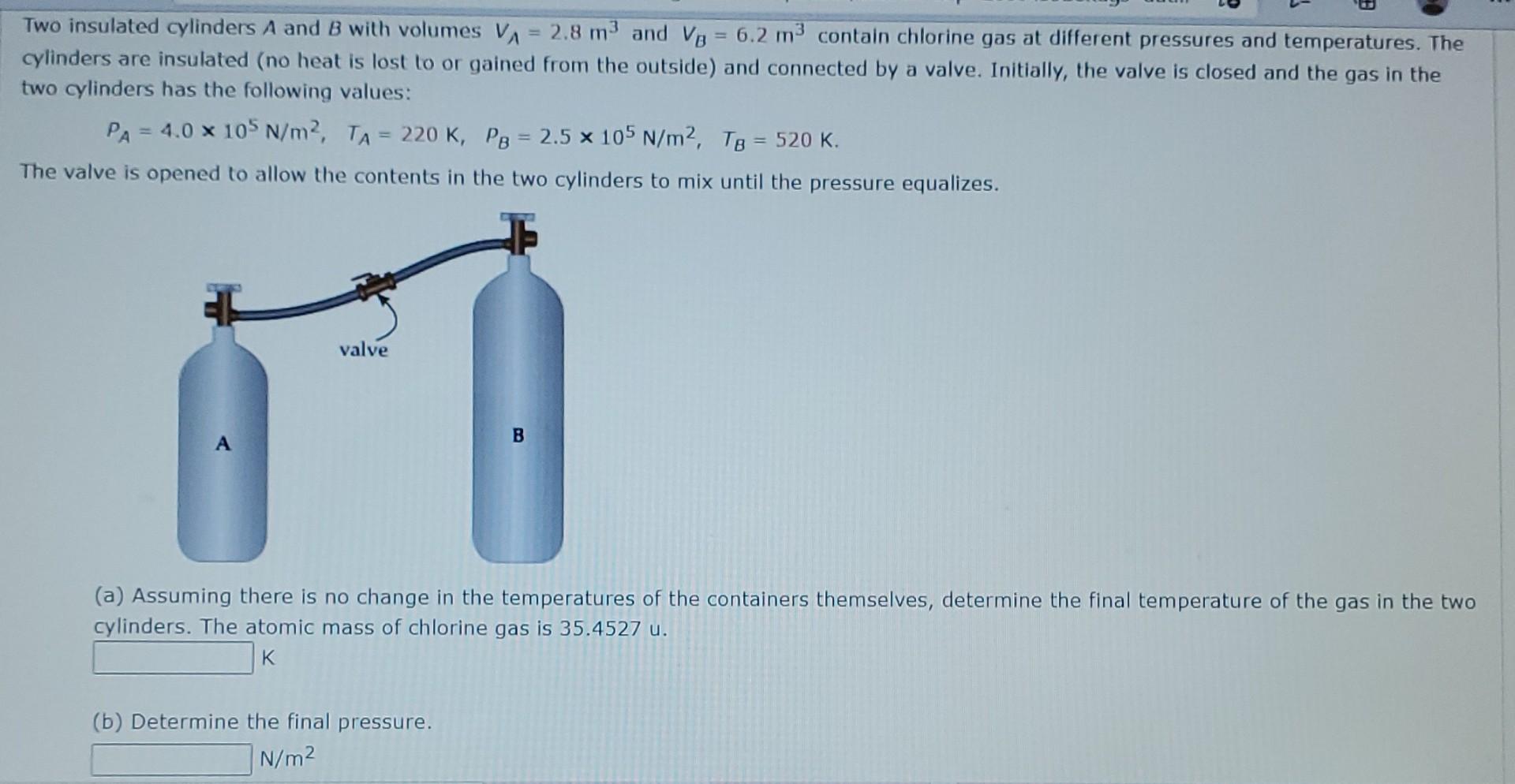 Solved Two insulated cylinders A and B with volumes VA = 2.8 | Chegg.com