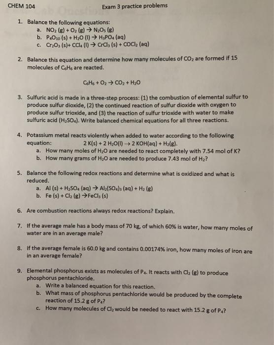Solved CHEM 104 Exam 3 practice problems 1. Balance the | Chegg.com